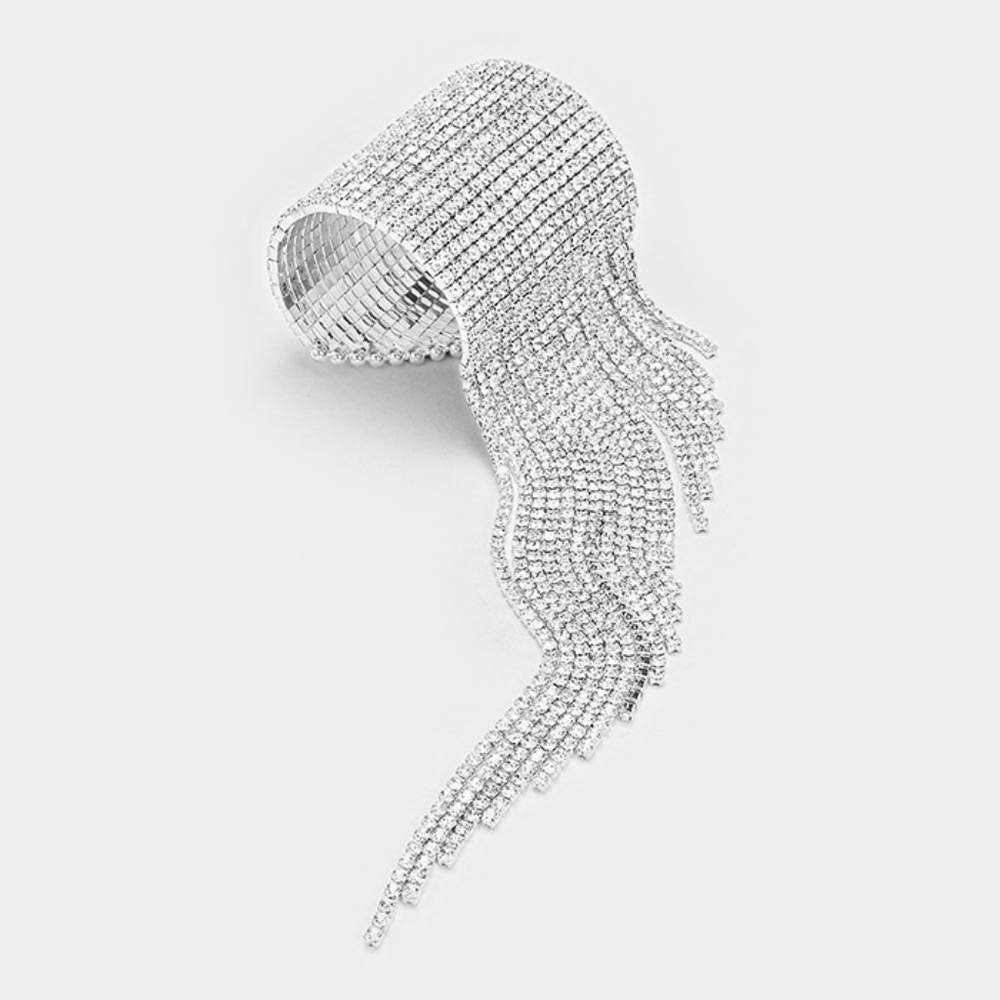 Rhinestone Fringe Open Bracelet ~ Silver